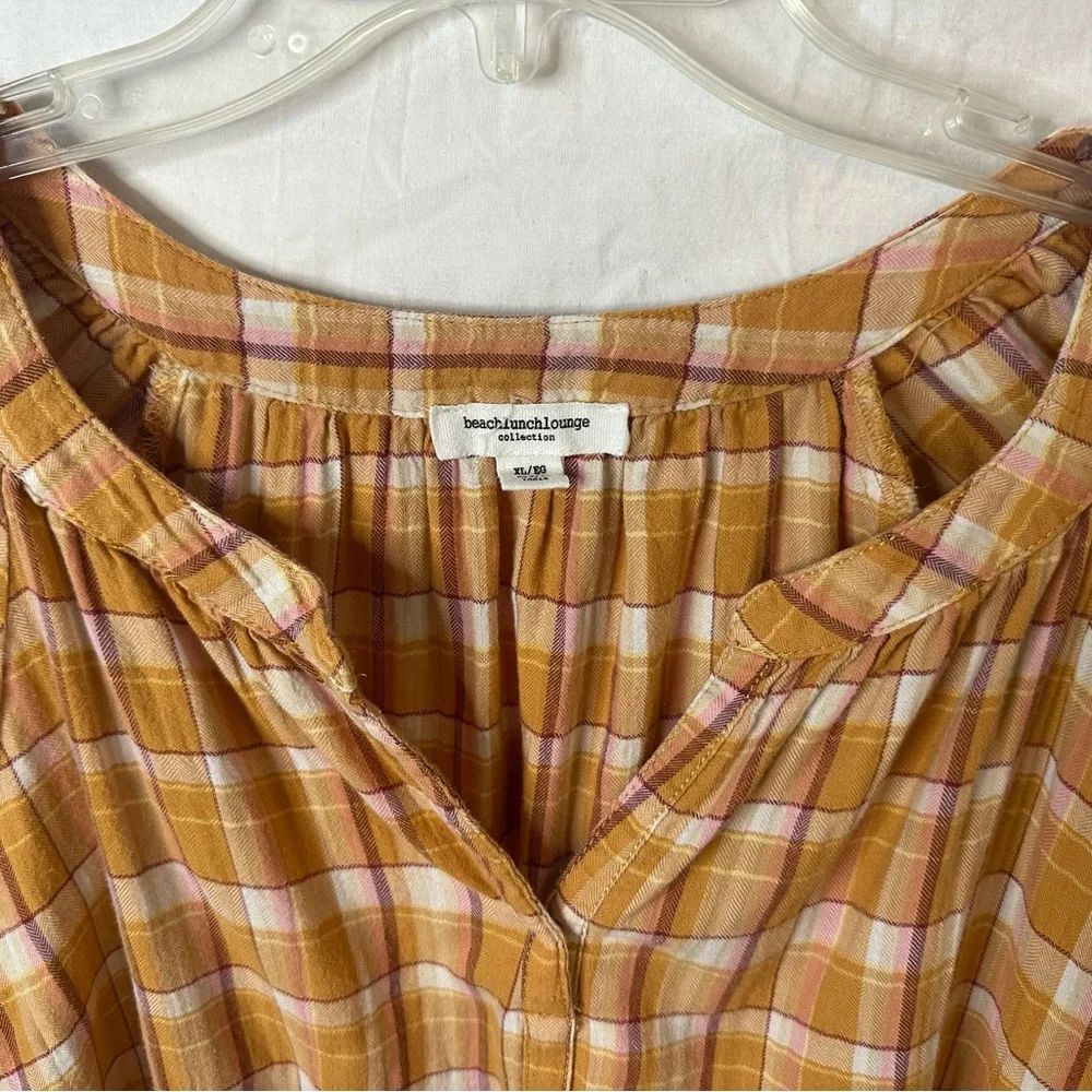 BeachLunchLounge XL Mustard Plaid Blouse Boho Peasant Top - Picture 4 of 6